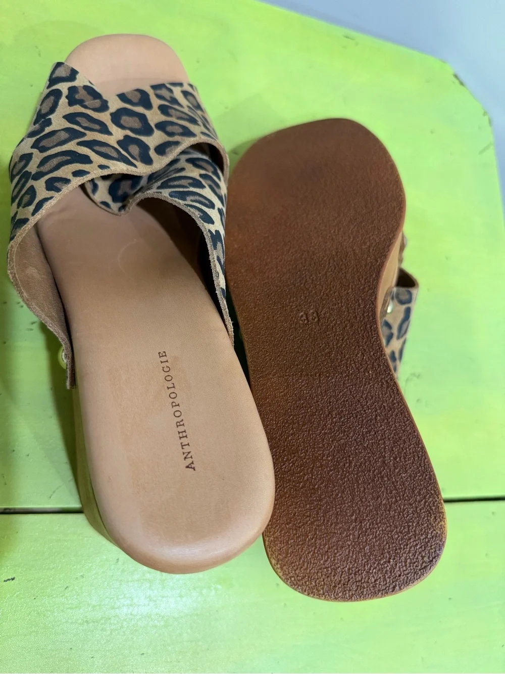 Anthropologie Leopard-Print Crisscross Platform Slides in Tan and Black